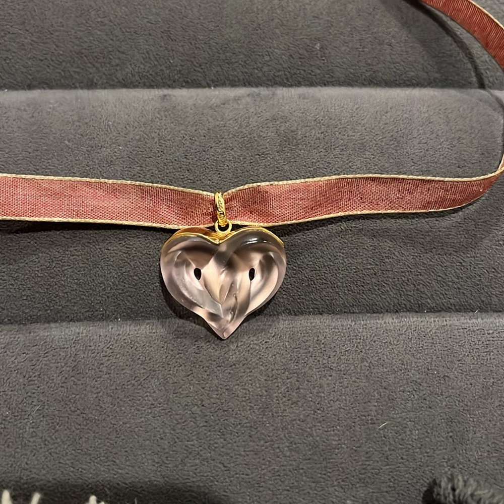 LALIQUE crystal entwined heart necklace pendant w/ silk ribbon choker pink gold - Picture 5 of 6